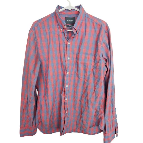 Bonobos Shirt Red Blue Checker Dress Shirt Button Down Long Sleeve Men M - Picture 1 of 8